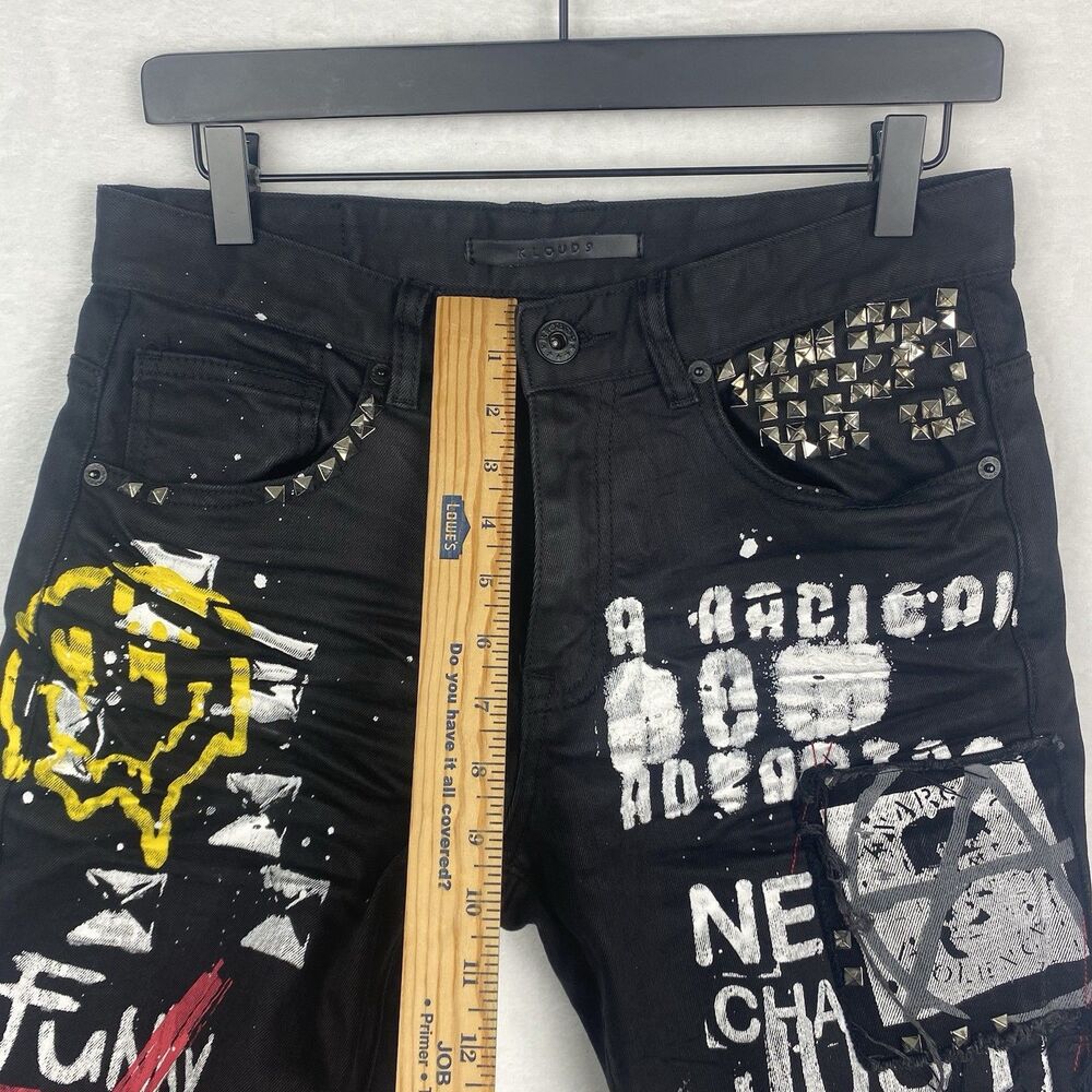 Kloud 9 Jeans Size 30/32 Black Painted Studded Design Streetwear Pockets Casual - Picture 9 of 16